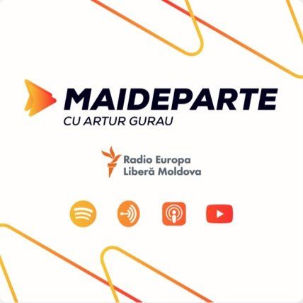 Orange and yellow radio station banner with podcast platform icons.