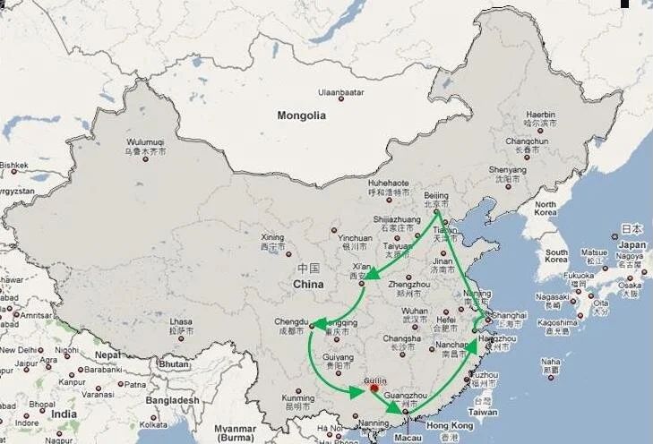 Satellite view of Asian terrain with marked routes and geographical features.
