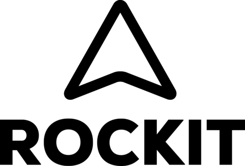 Black minimalist rocket logo design on white background.