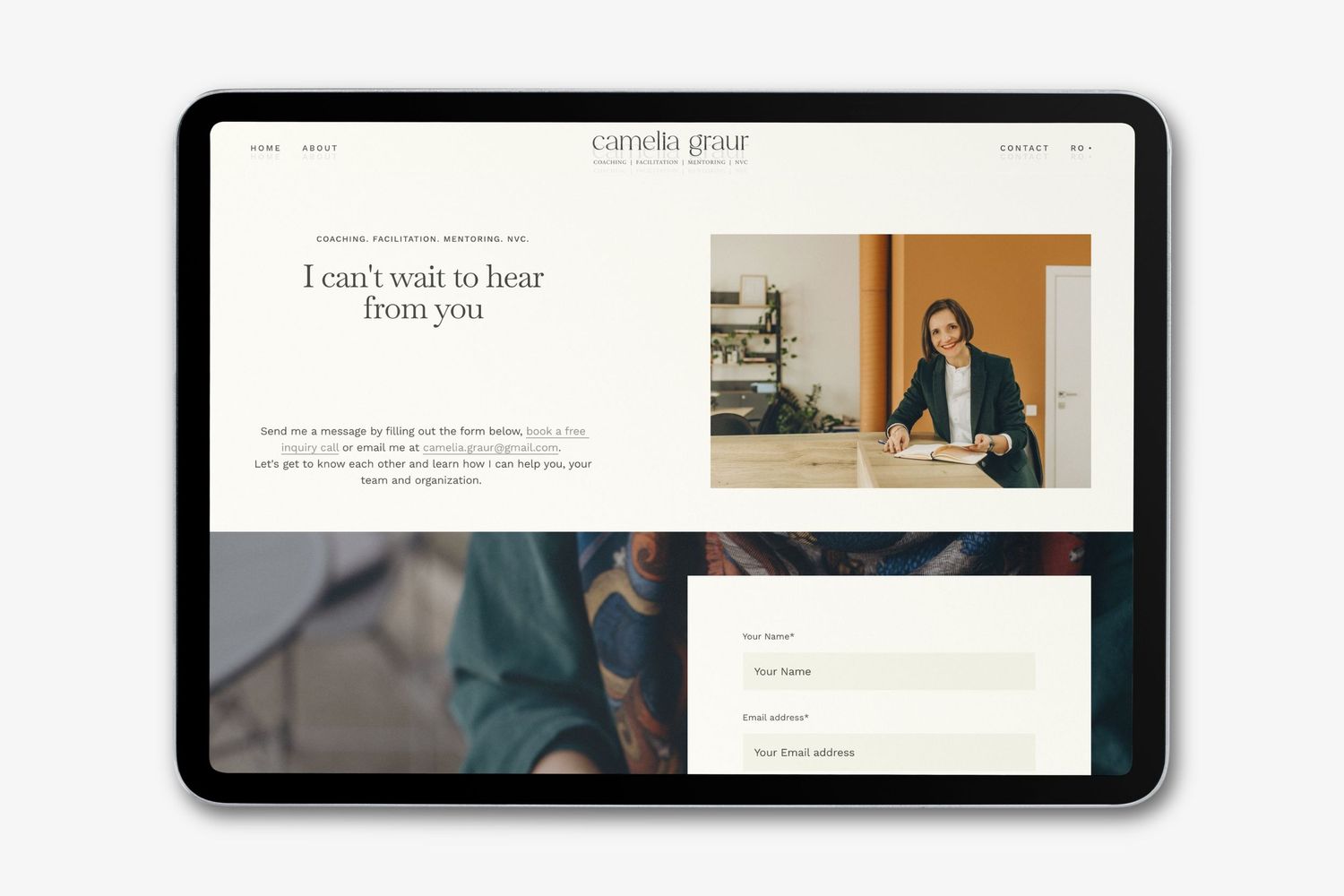 A tablet displays a minimalist website design with warm tones and clean typography layout.