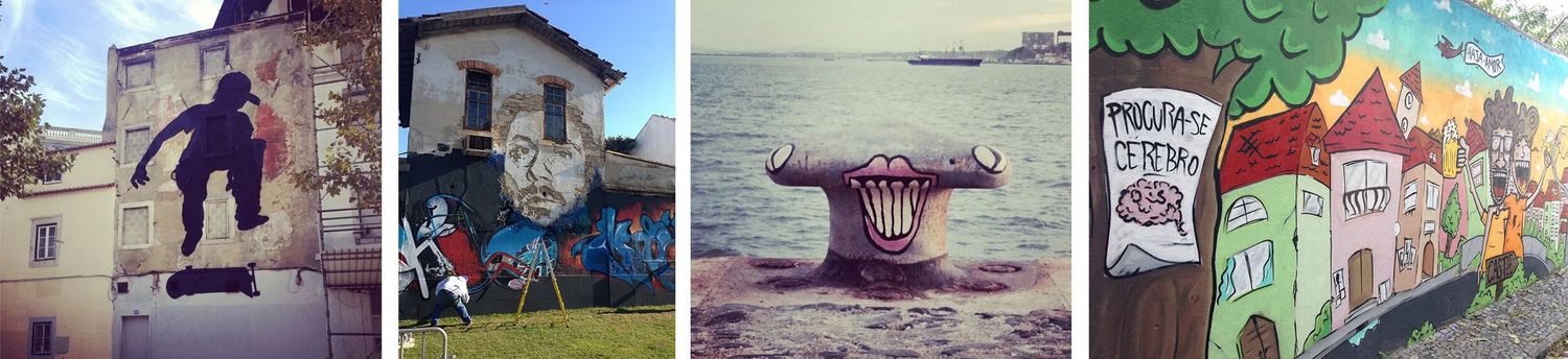 Colorful collection of urban street scenes and architectural elements in a photo collage.
