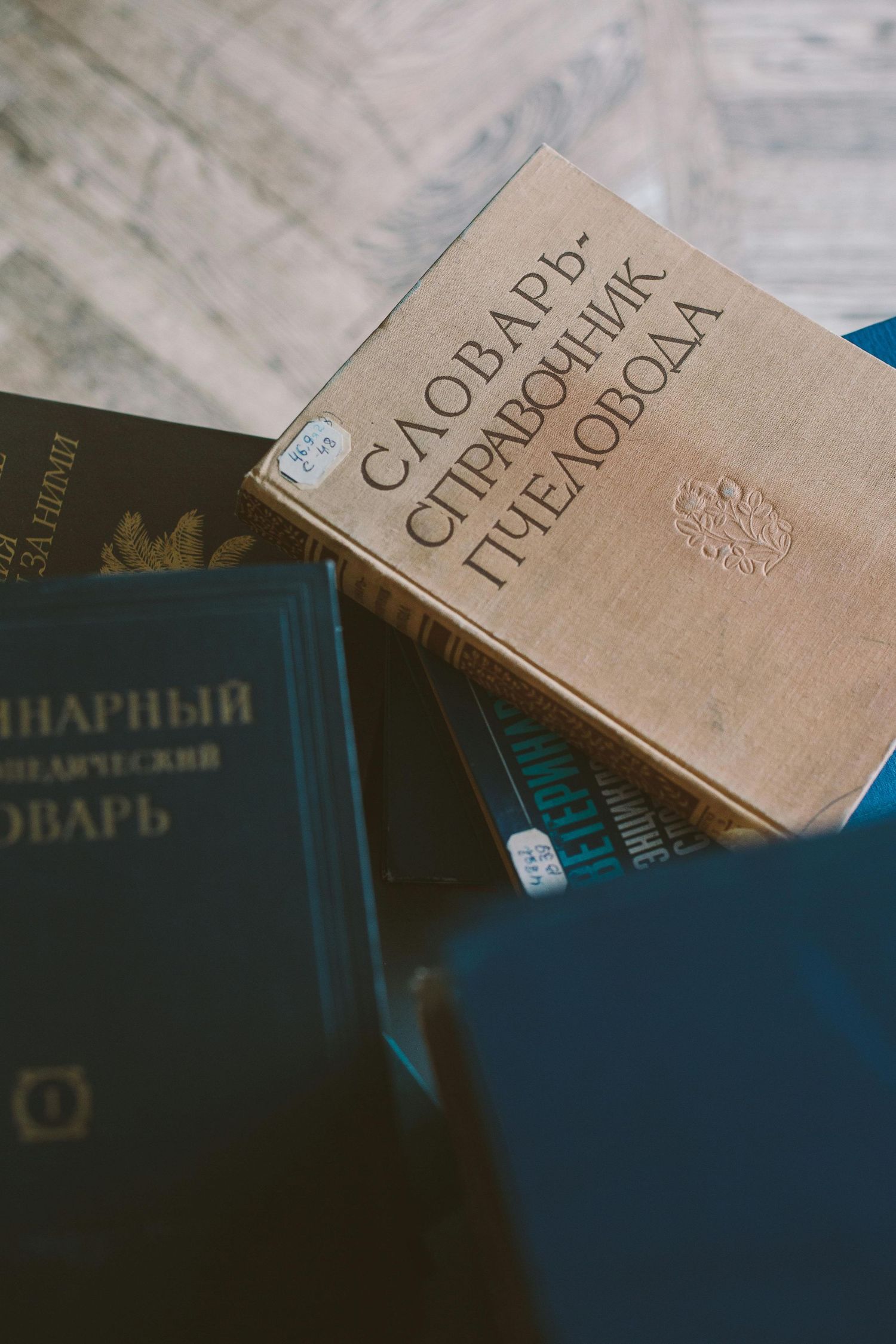 Stack of old Russian books with worn covers photographed in moody lighting.