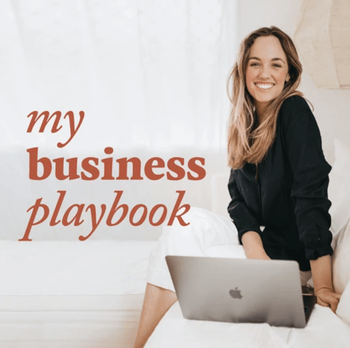 Modern business branding collage with laptop and text overlay in coral tones.