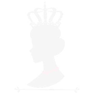 Gray silhouette of a crowned profile with pink necklace on black background.