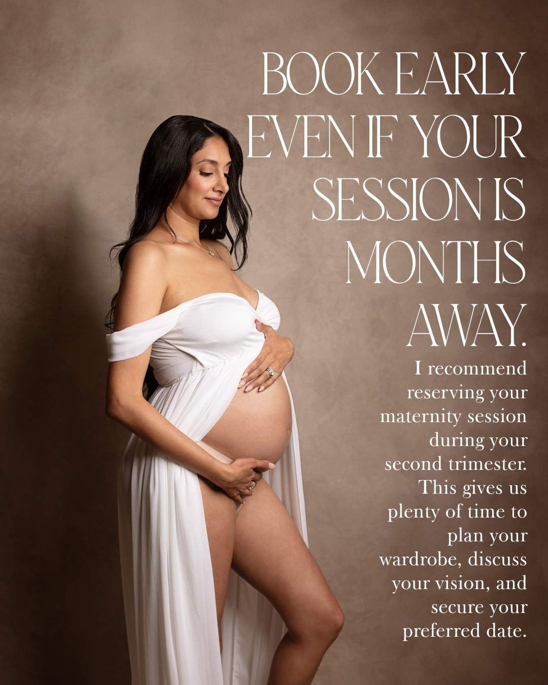Pregnant woman in white flowing gown poses for maternity photography session with booking advice text overlay.