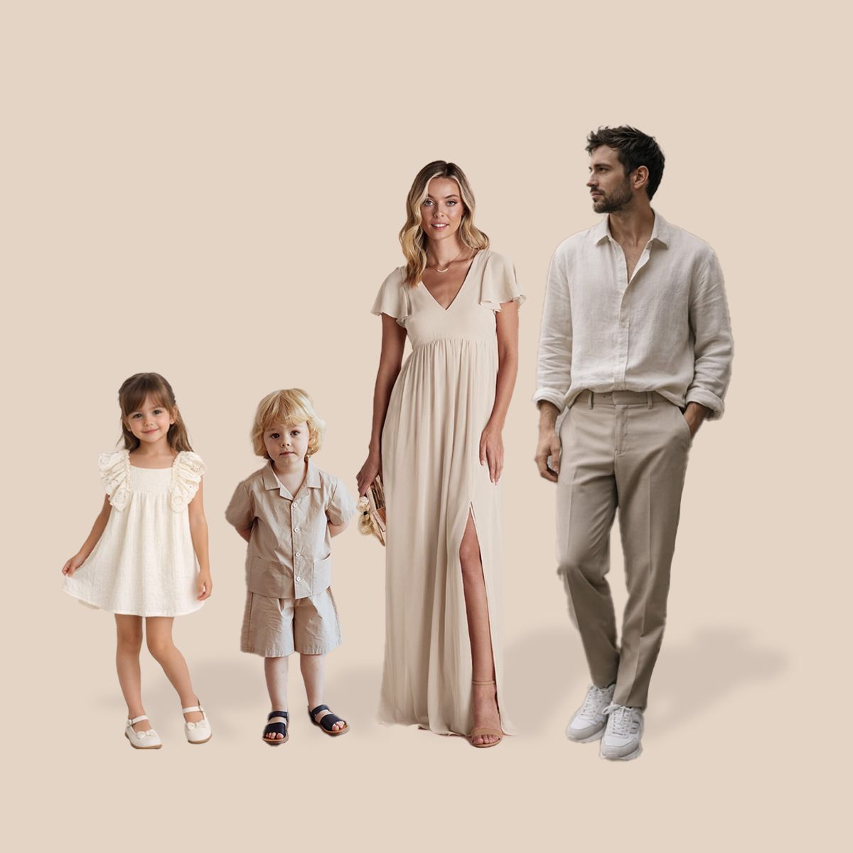 A stylish family of four wearing coordinated neutral linen outfits poses together on a beige background.