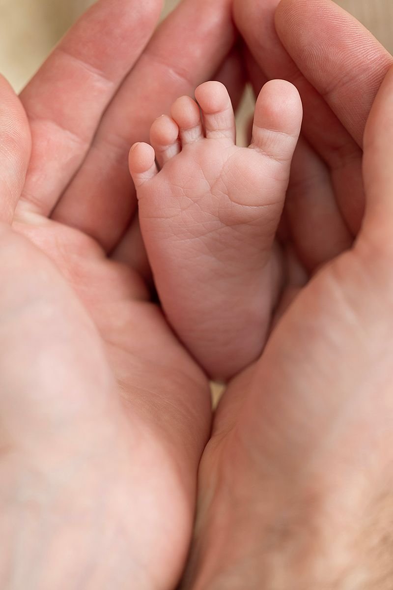 Adult hands gently cradling a tiny newborn baby foot, symbolizing parental love and care.