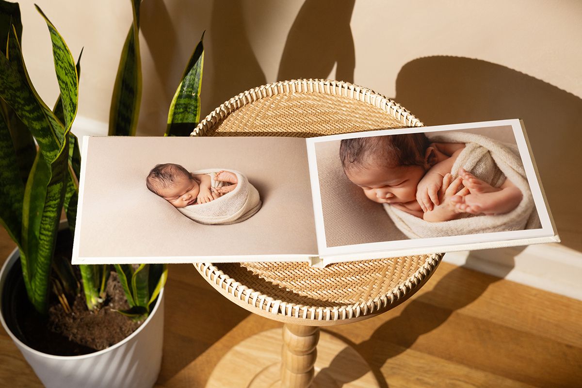 Two newborn baby portrait prints displayed on a wicker stool beside a snake plant in warm natural light.