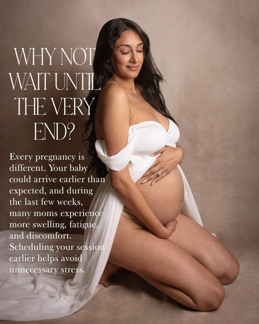 Elegant maternity photo of pregnant woman in white fabric, highlighting why early sessions avoid third trimester discomfort.