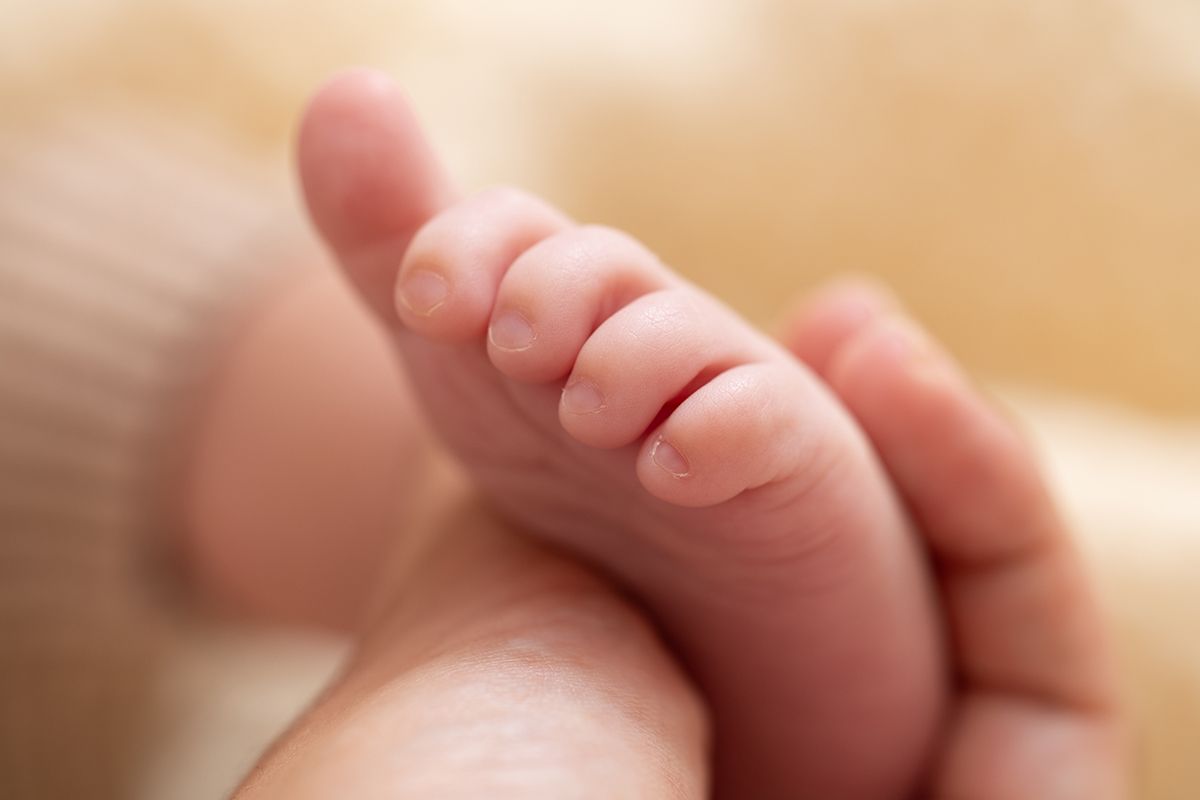 Close-up of tiny newborn baby toes resting gently on an adult hand, showcasing delicate infant feet.