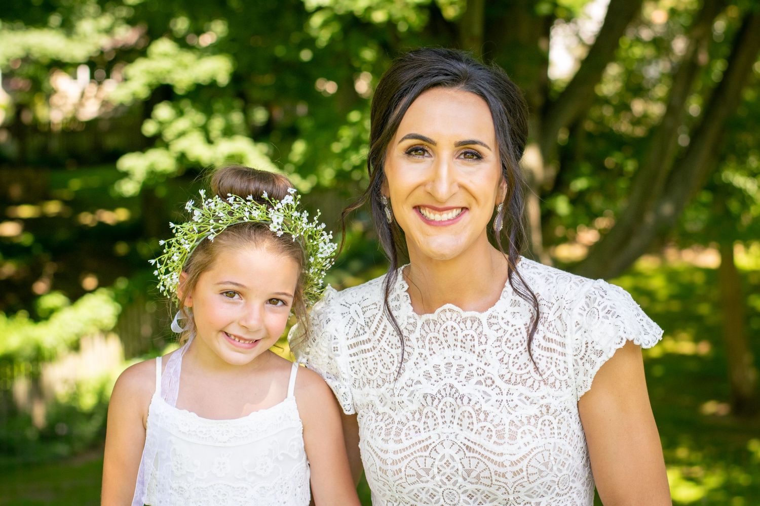 Wedding, bride and flower girl