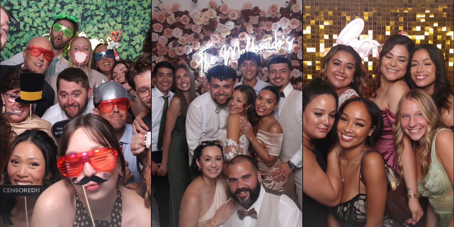 Collage of three photo booth shots showing smiling wedding guests posing with fun props in front of floral walls.