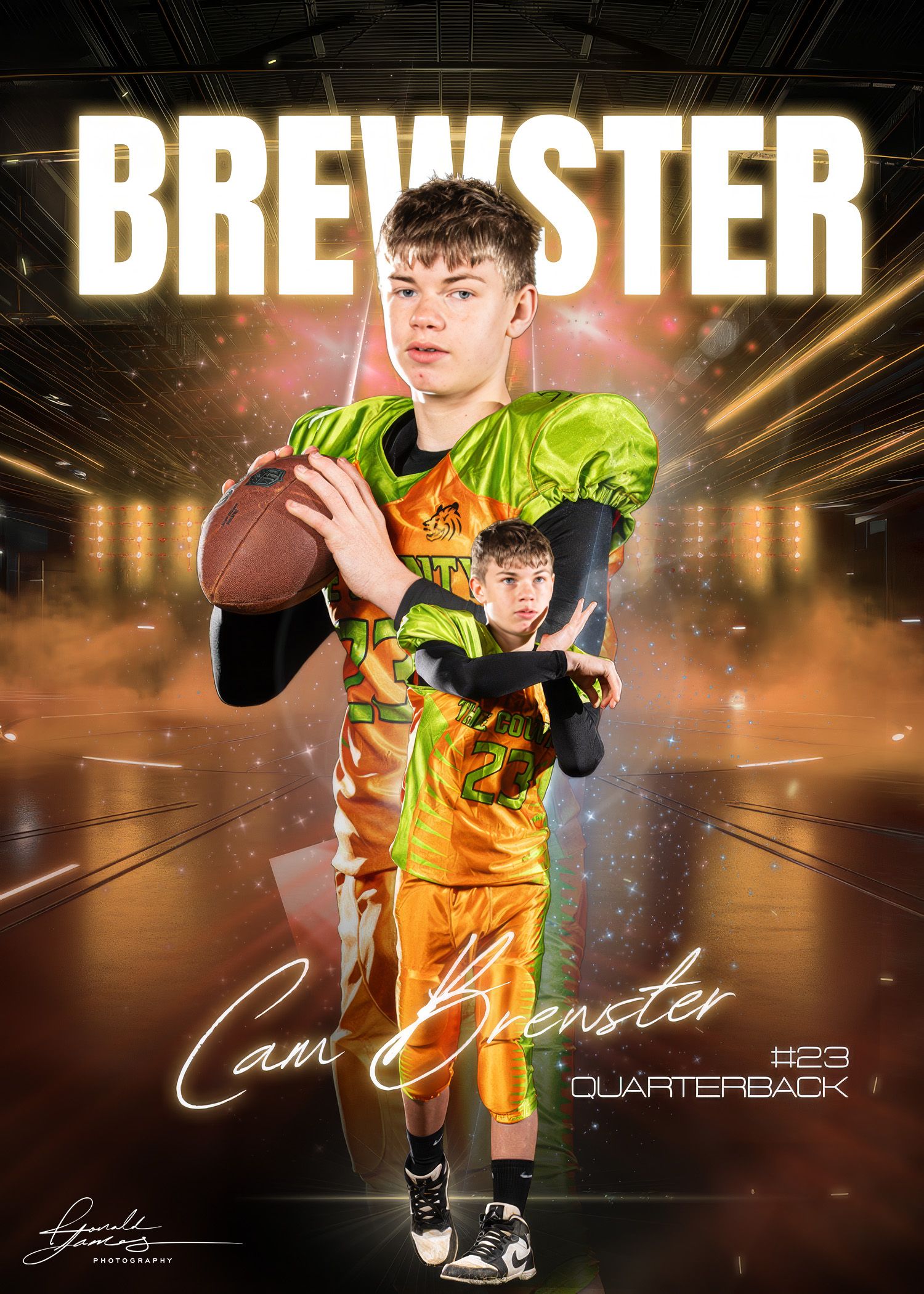 Young quarterback Cam Brewster #23 in green and gold uniform poses with football in dramatic sports portrait.