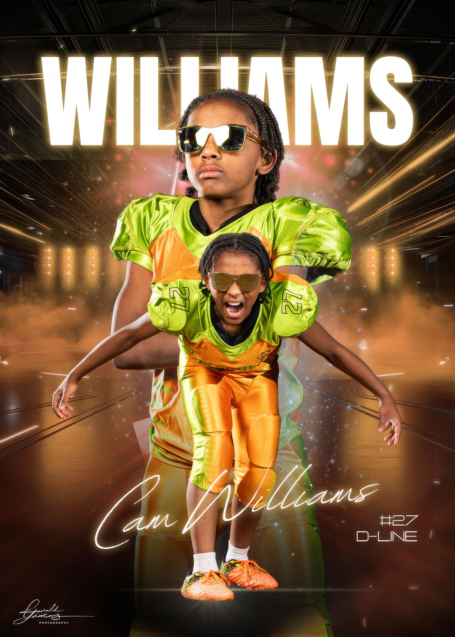 Youth football player Cam Williams #27 D-Line poses in green and orange uniform for a dramatic sports portrait.