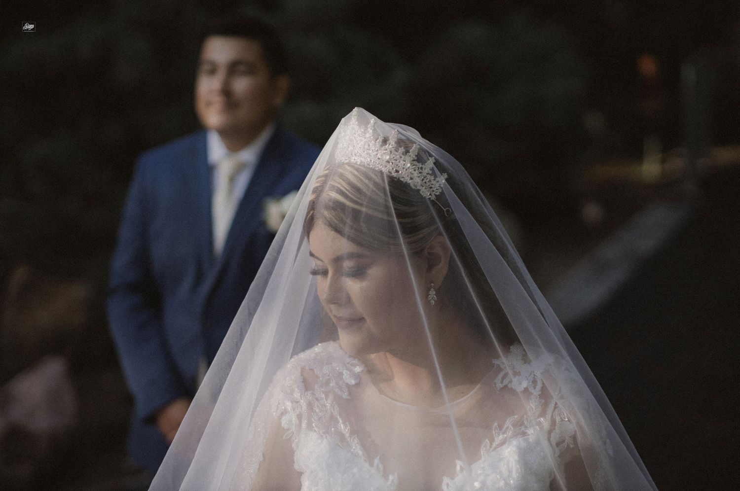Elegant wedding ceremony outdoors with attendees in formal attire.