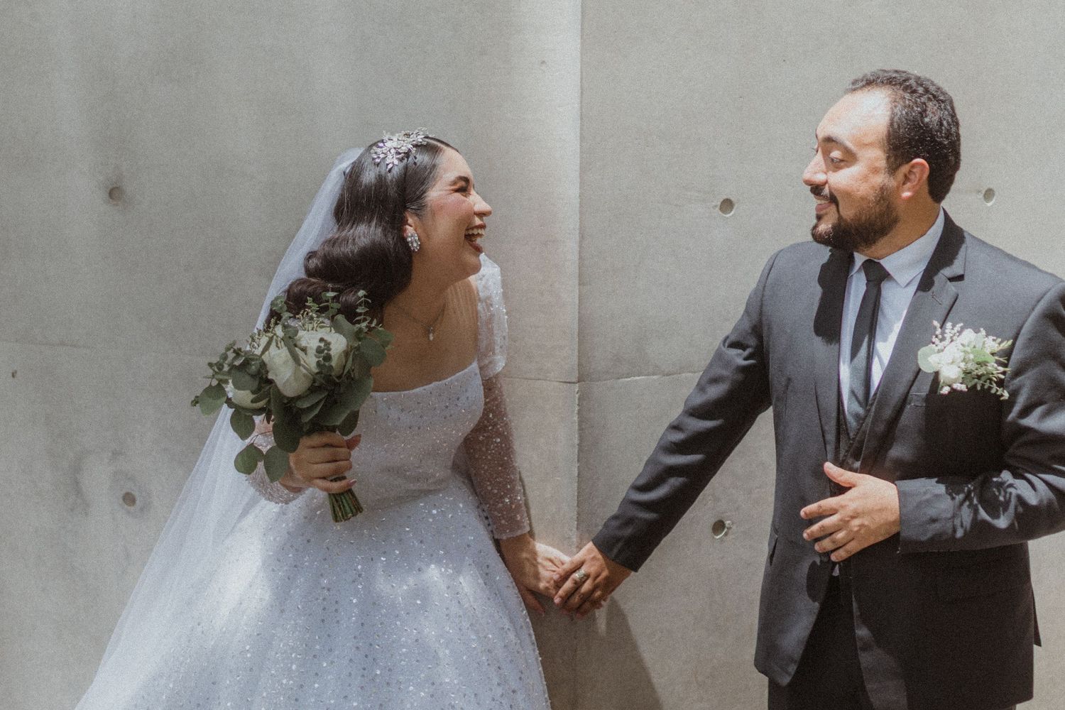 Series of romantic wedding photos capturing natural interactions between bride and groom.