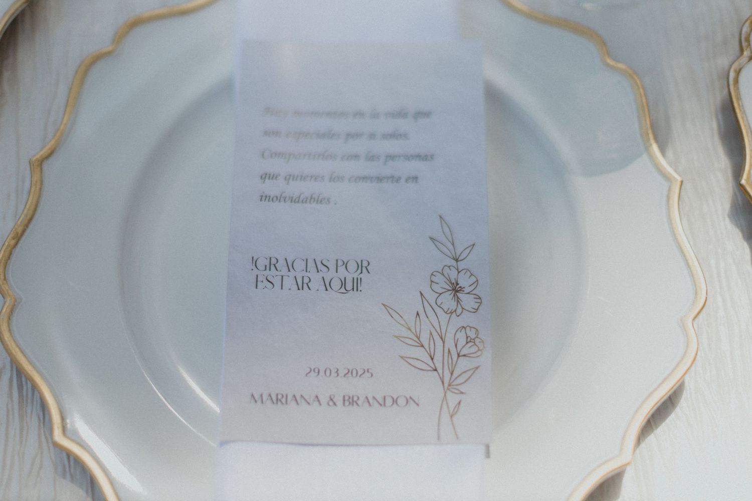 White decorative plate with gold trim and printed text detail.
