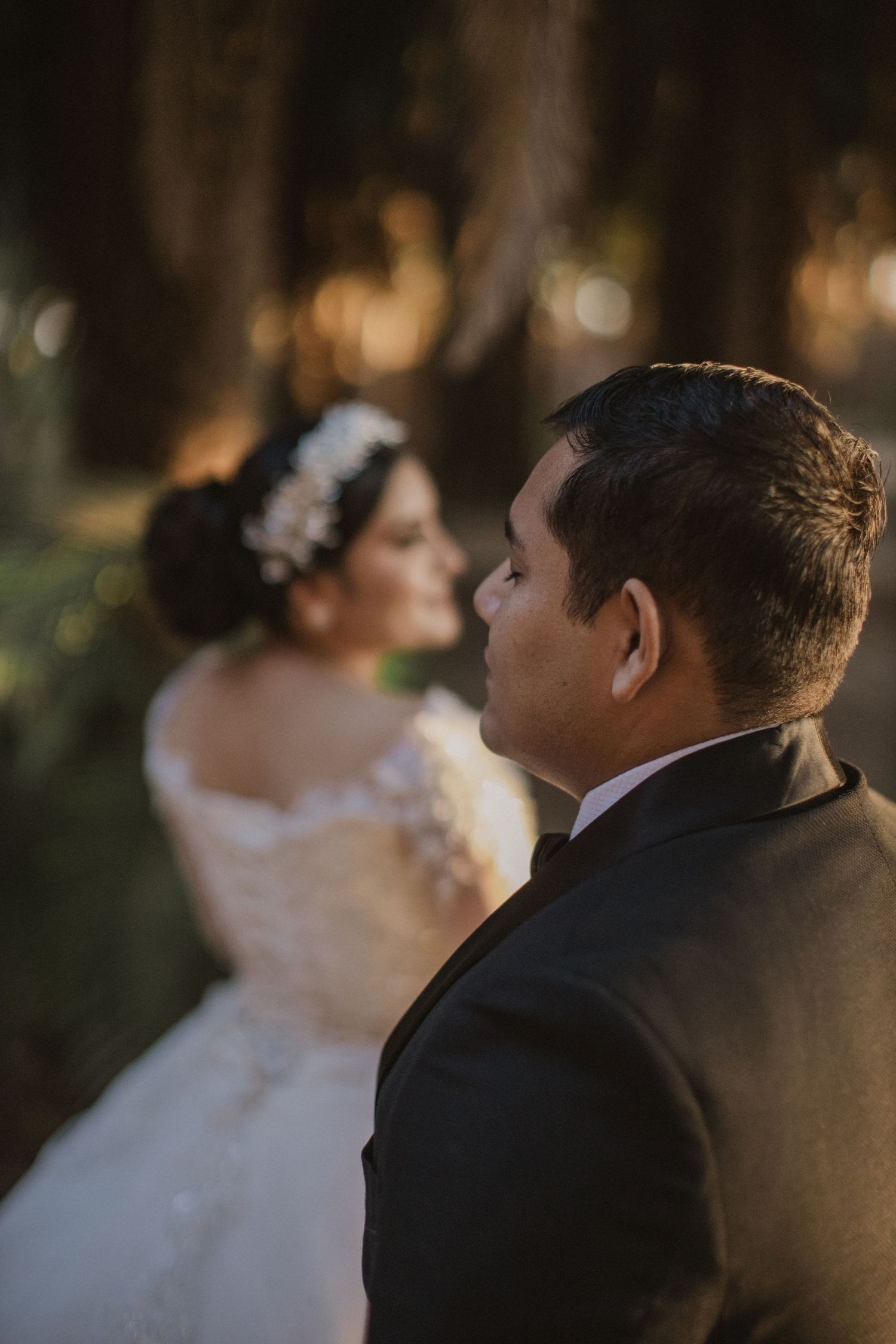 A romantic wedding portrait capturing the couple in soft golden light amidst trees.