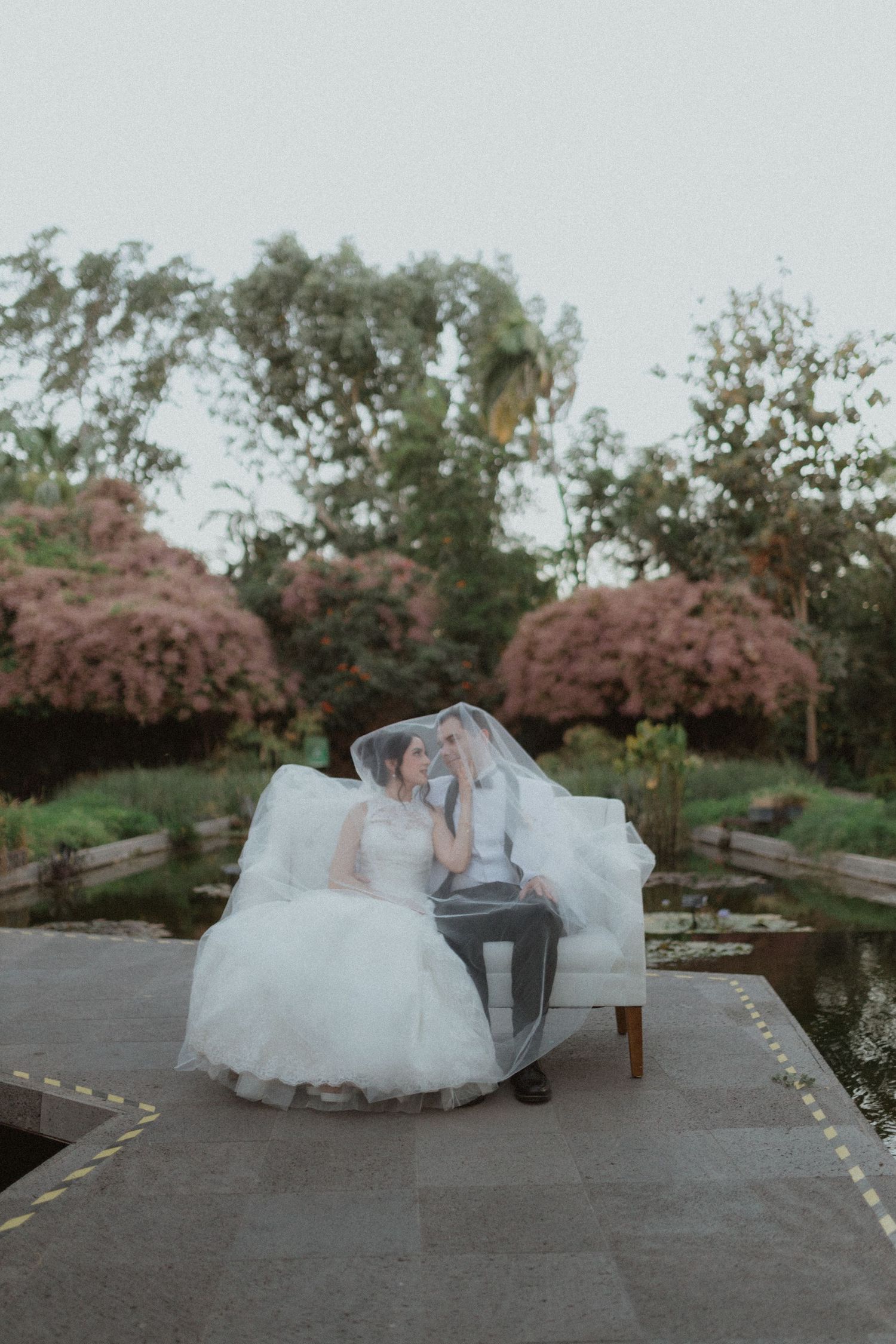 A romantic wedding scene with a couple seated on white furniture in a garden with pink flowering trees.