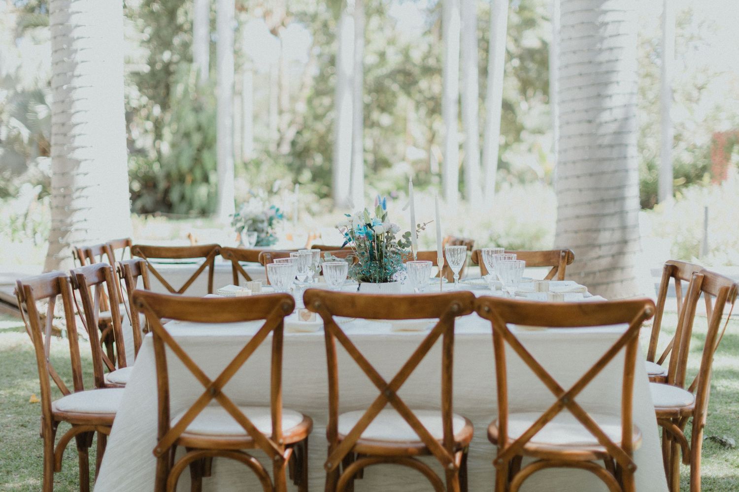 Elegant outdoor dining setup with wooden cross-back chairs and white table settings under palm trees.