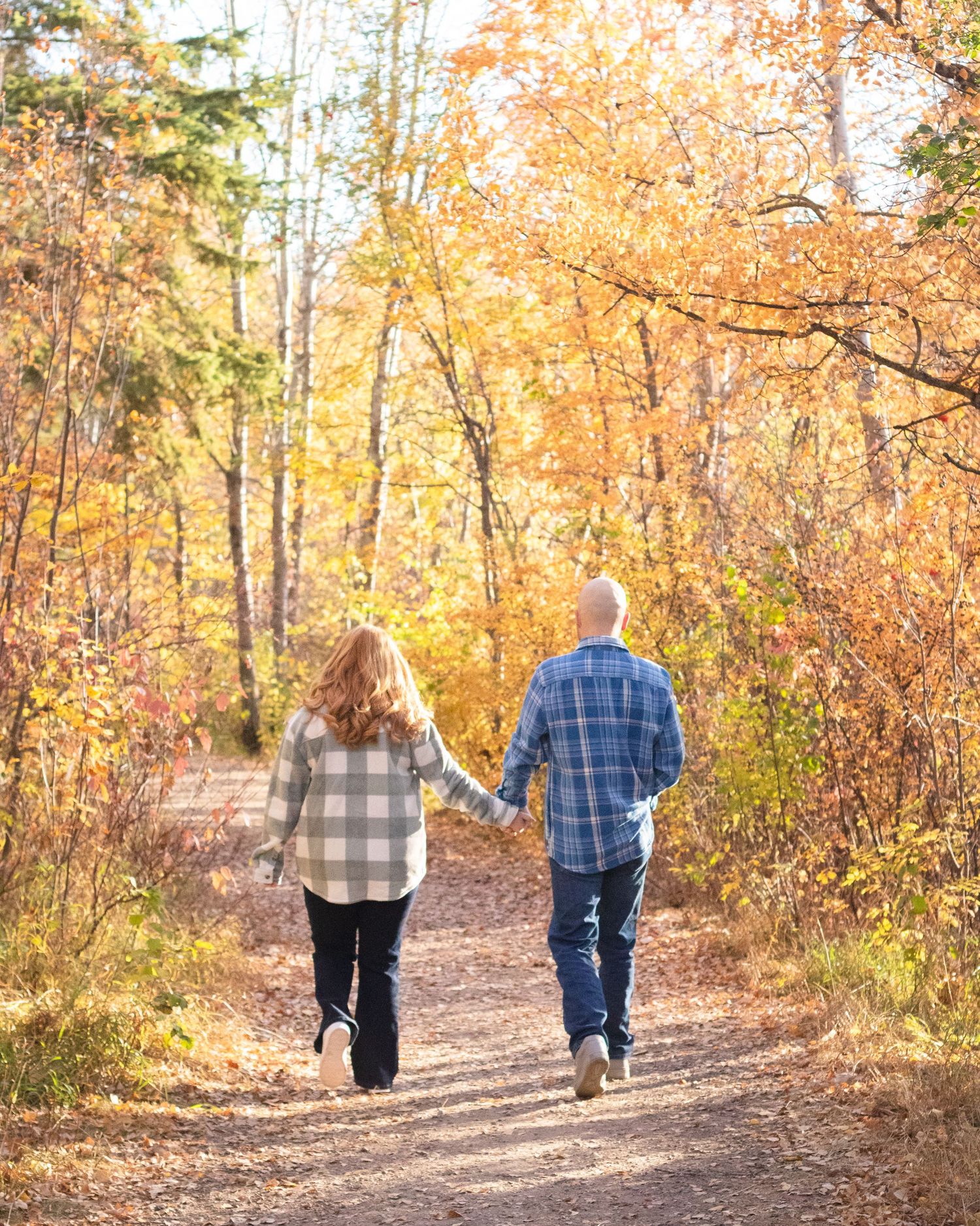 Couple holding hands walking away on a scenic autumn forest path surrounded by vibrant golden fall leaves.