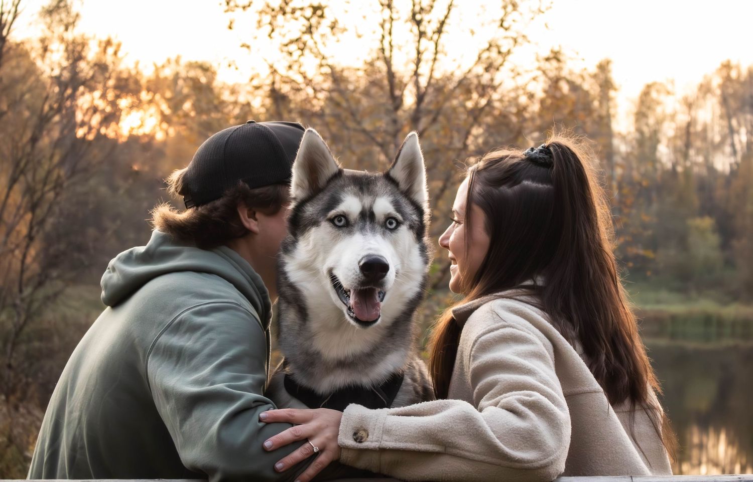 Couple smiling and kissing their happy Siberian Husky dog by a lake in autumn.