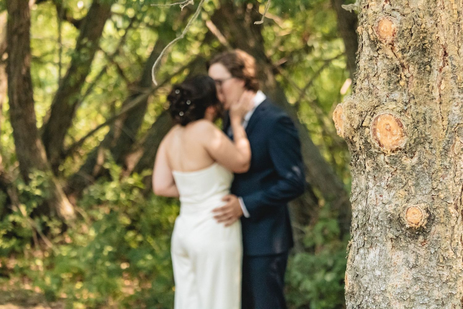 Bride and groom sharing a romantic kiss in a lush green forest, blurred background with tree in foreground.