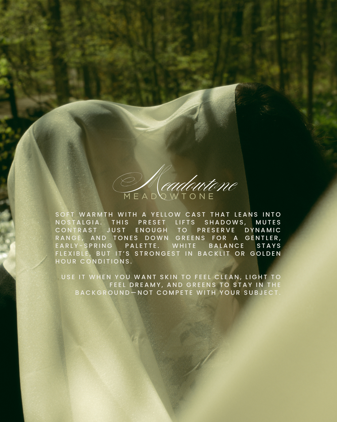 White draped fabric creates flowing curves against a blurred green forest background.