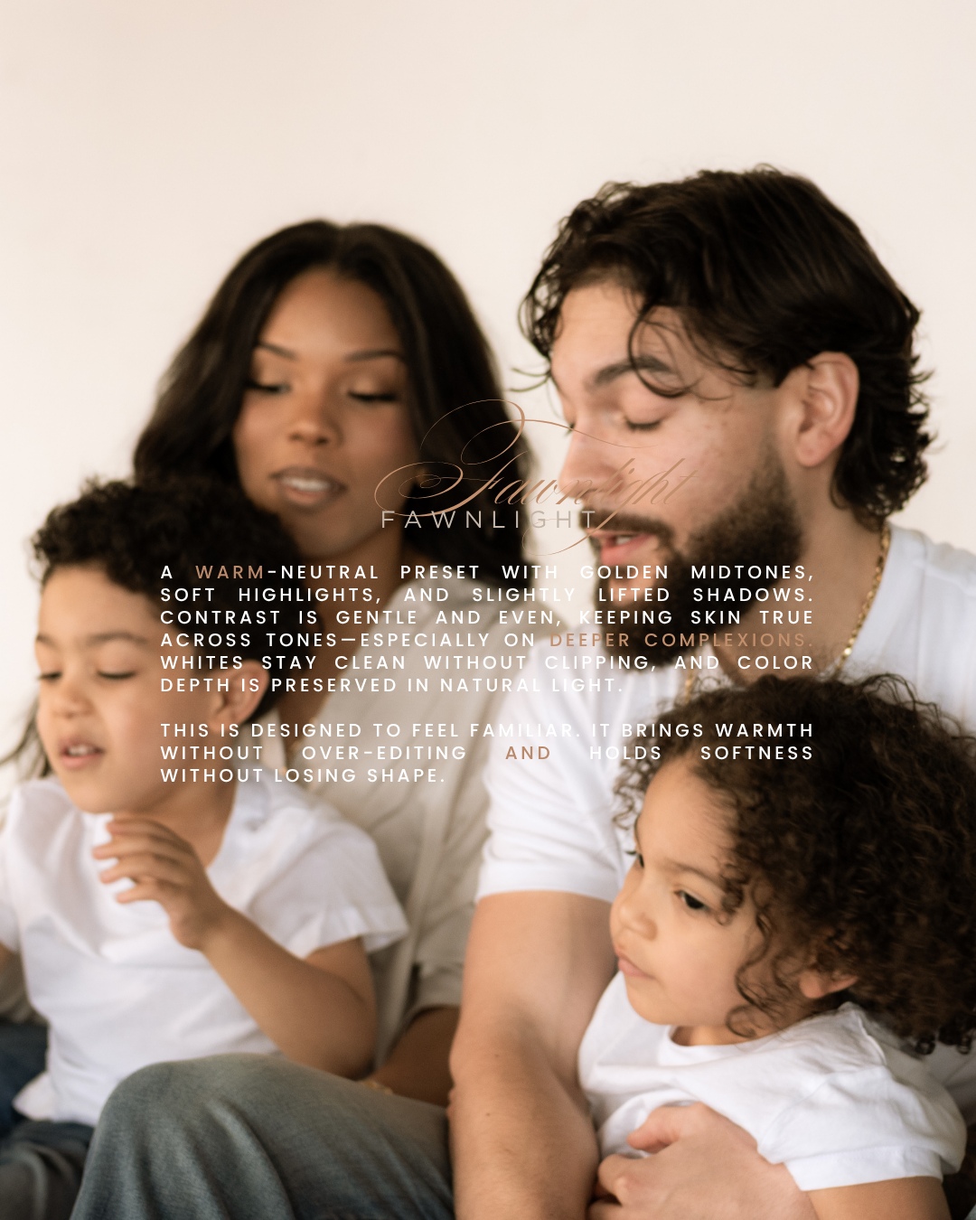 Family dressed in matching white shirts relaxing together while sitting on couch in soft neutral setting.