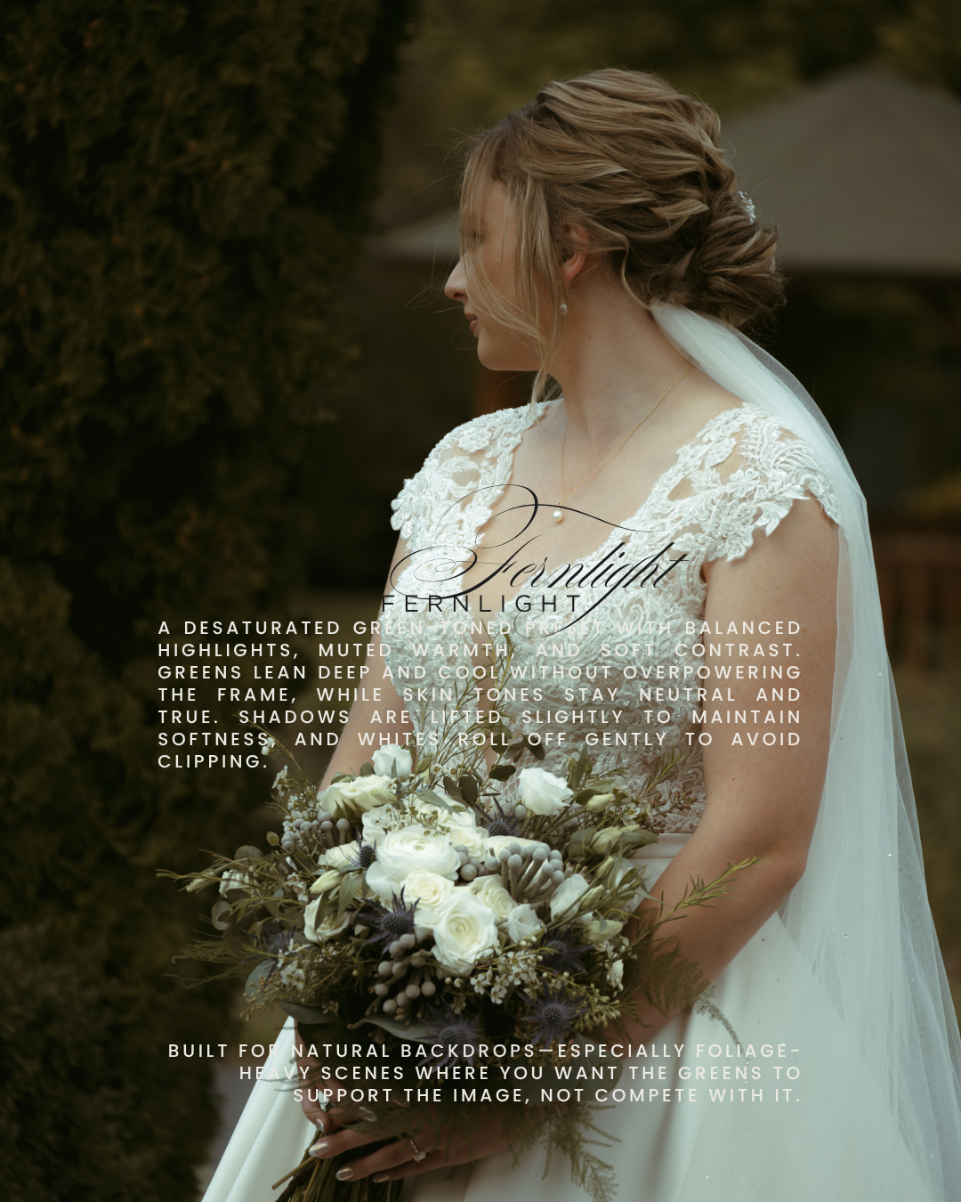 Side view of a bride in a white lace dress with a flowing veil holding a white floral bouquet.