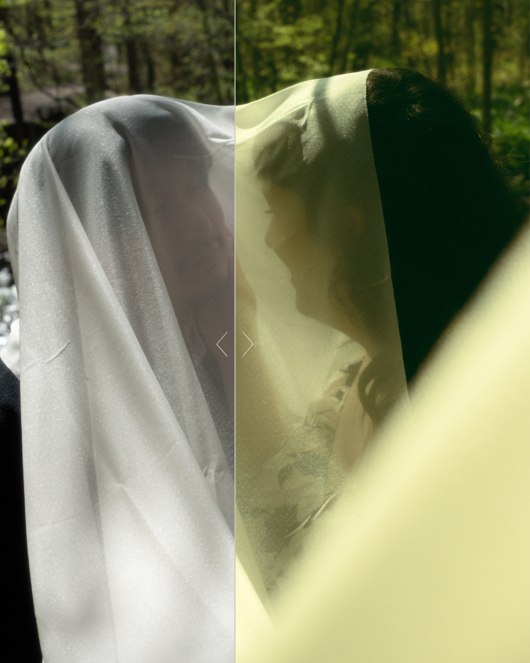 White and sheer yellow curtains billow gently in the breeze against a green forest backdrop.