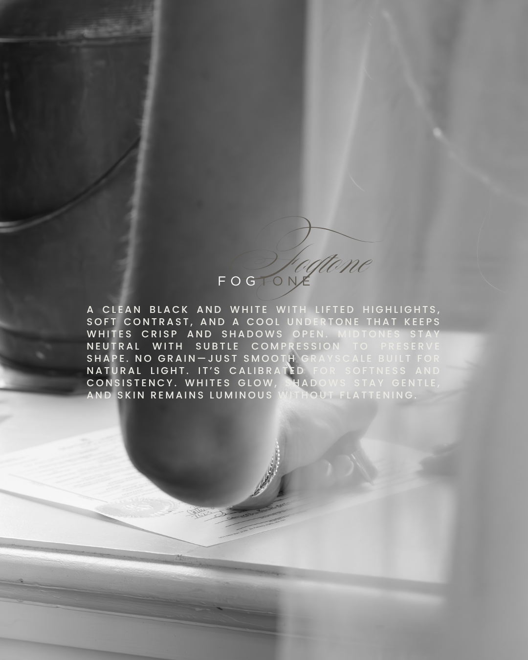 Black and white text overlay describing 'fog' settings with dark shadows and soft white elements.