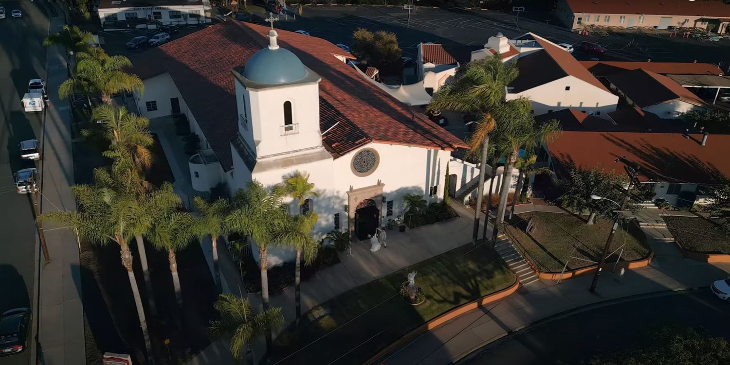 Aerial view of a residential neighborhood with terracotta roofs and palm trees in a sunny Mediterranean setting.