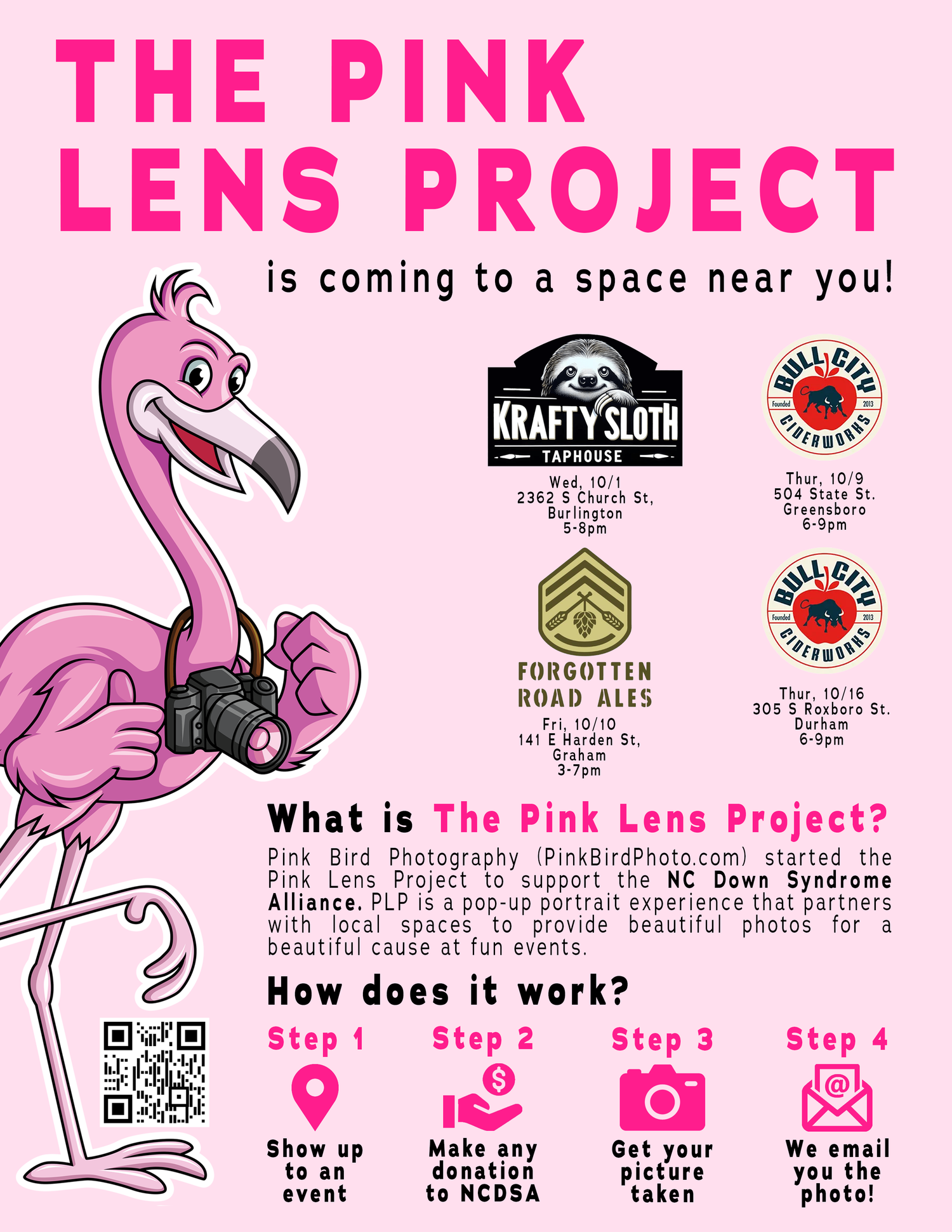 Pink Lens Project pop-up portrait fundraiser flyer supporting NC Down Syndrome Alliance at local venues.