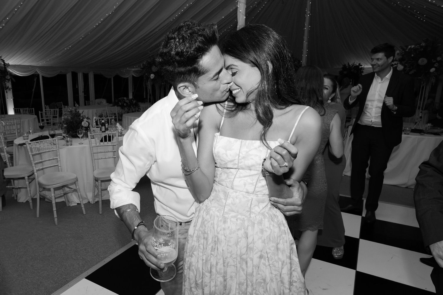Lively dance floor scenes from a wedding reception with guests enjoying the celebration.