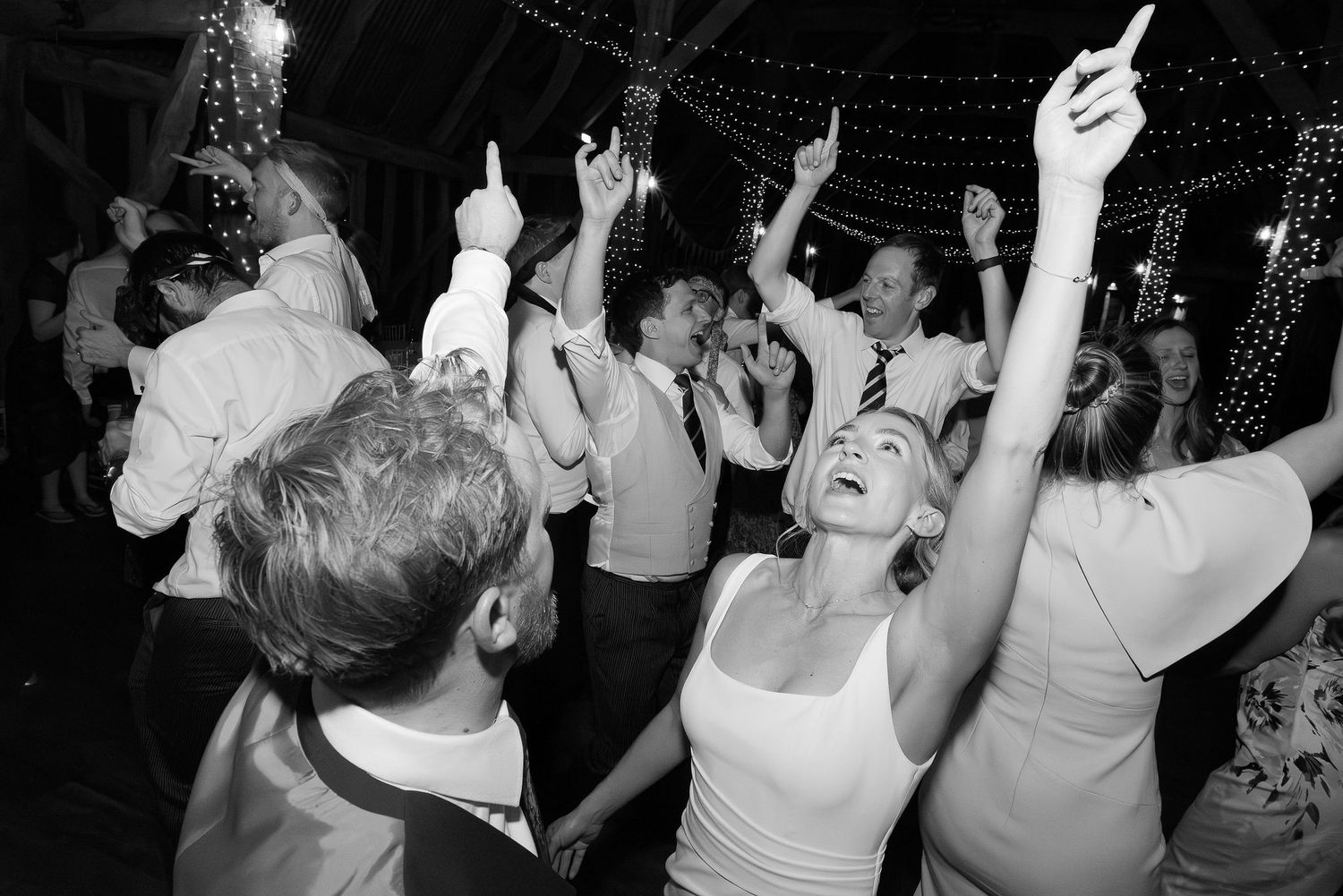 Crowd of dancers with raised arms enjoying themselves at a nighttime celebration.
