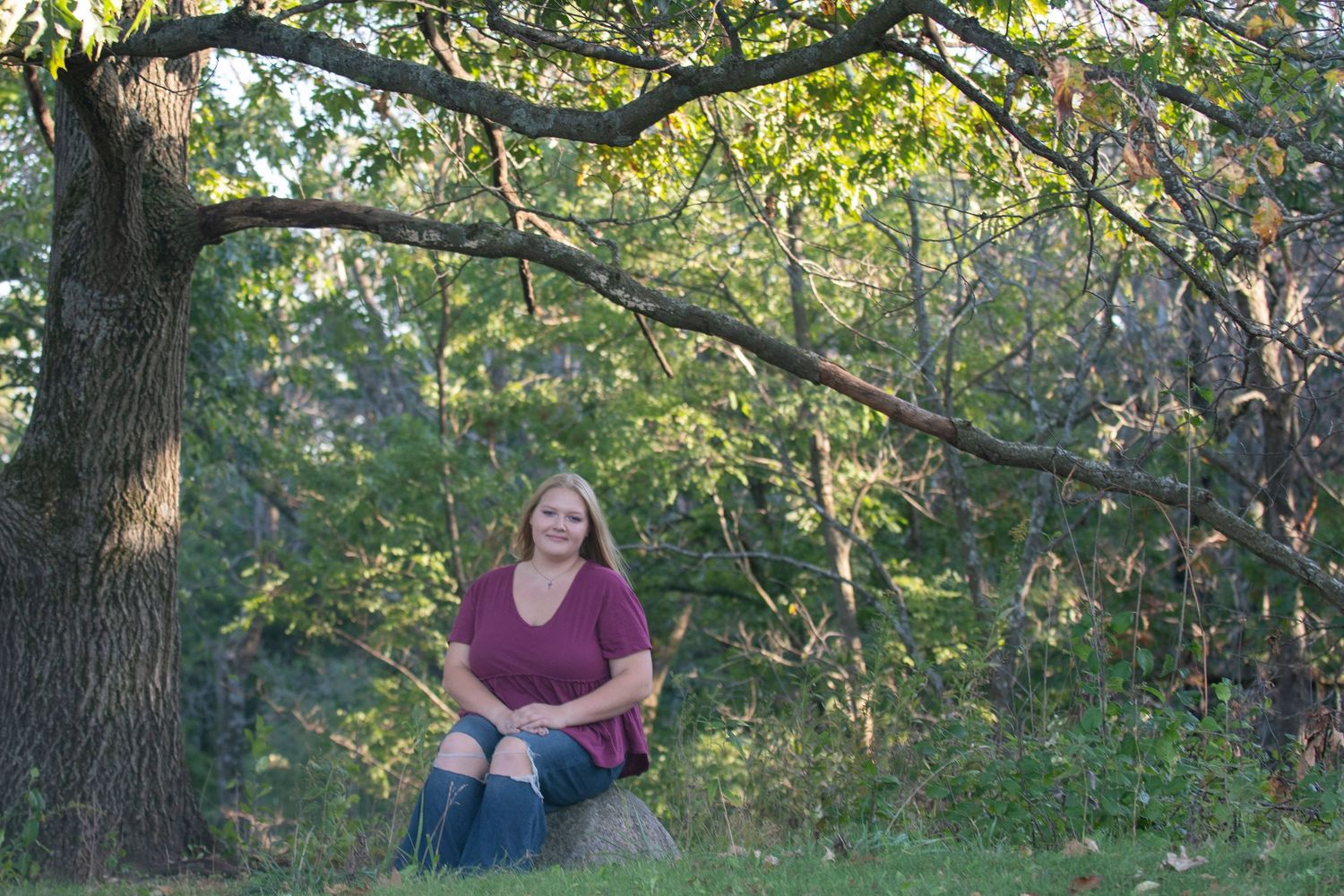 Woman in maroon top sits on rock under large tree in lush green forest setting.