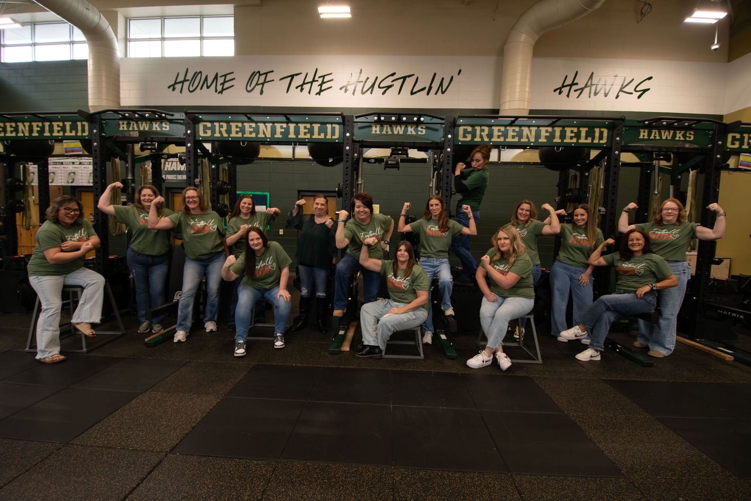A sequence of four connected photos shows people exercising and working out in a gym setting with fitness equipment.