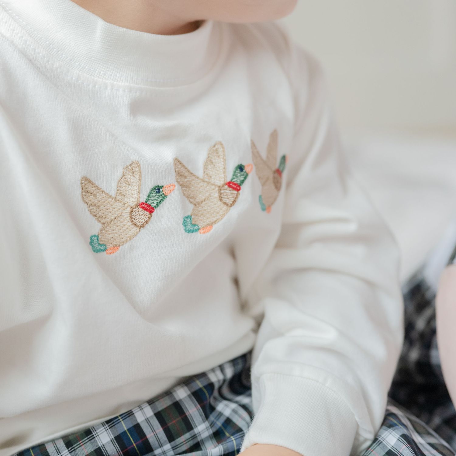 Closeup of a child in a white sweatshirt with delicate embroidered birds and a plaid skirt.