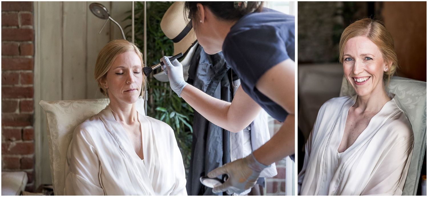 Candid shots of bridal preparation with hair and makeup being done in natural light.