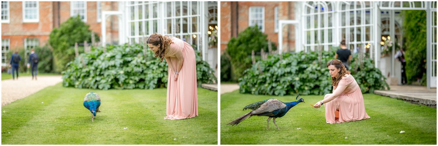 Wedding party enjoying outdoor garden photos at an elegant venue with brick buildings and lush greenery.
