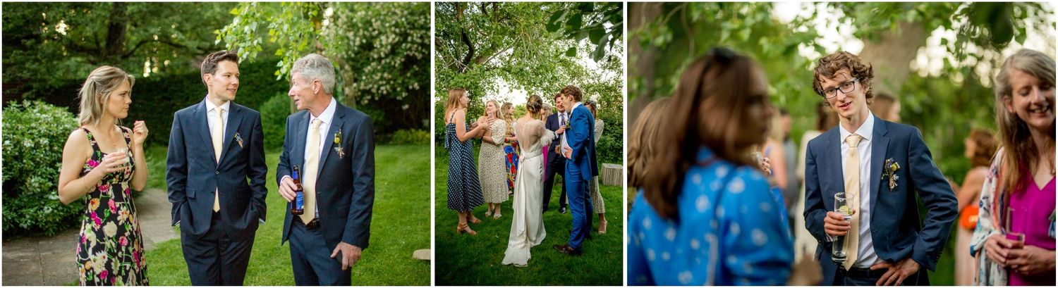 Wedding party celebrates in vibrant garden setting during summer afternoon.