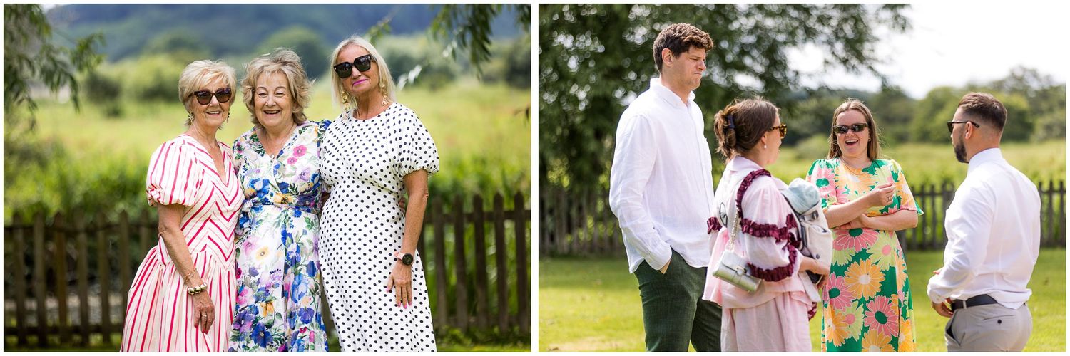 Wedding guests at a Summer reception at Sopley Mill