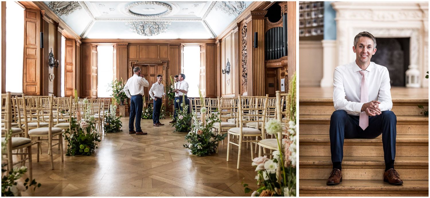 Groom and groomsmen getting ready for the ceremony at Walhampton school