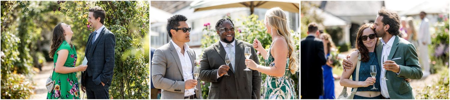 Wedding guests enjoying outdoor garden party atmosphere.