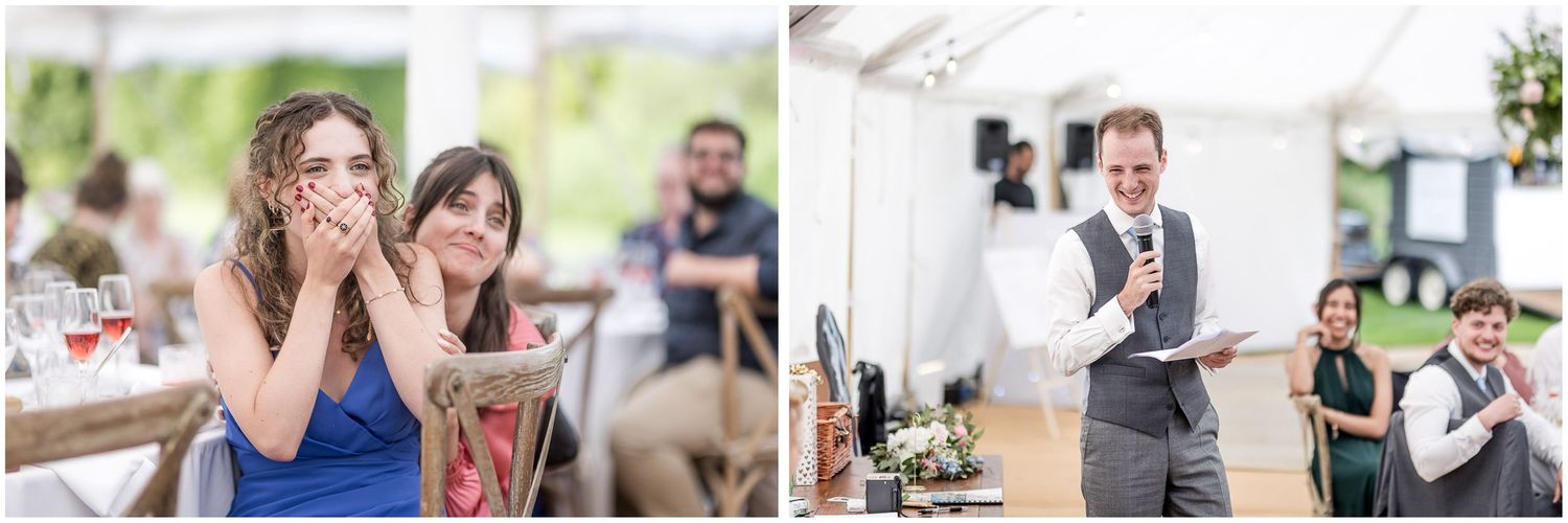 Candid moments of joy and celebration captured during an outdoor summer wedding.