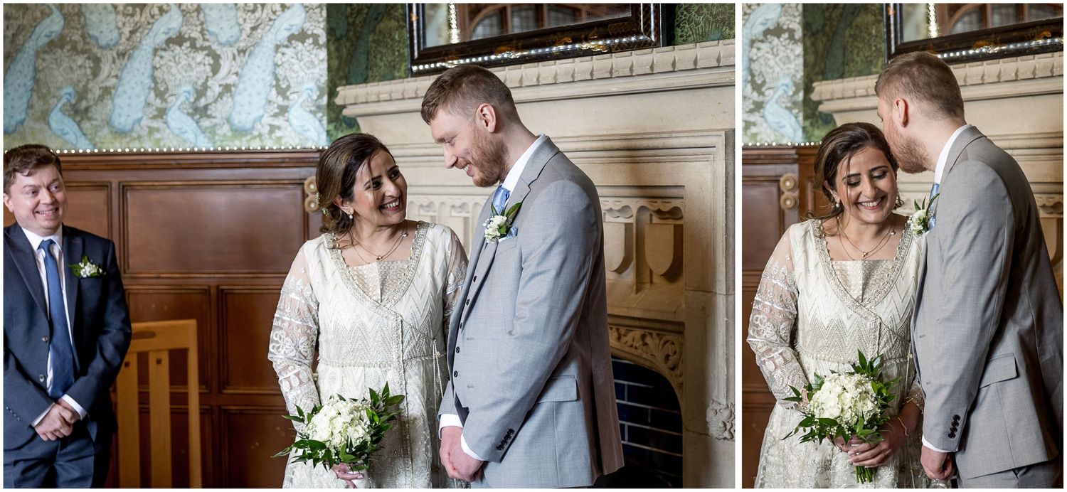 Romantic wedding moments captured in a historic venue with classic architectural details.