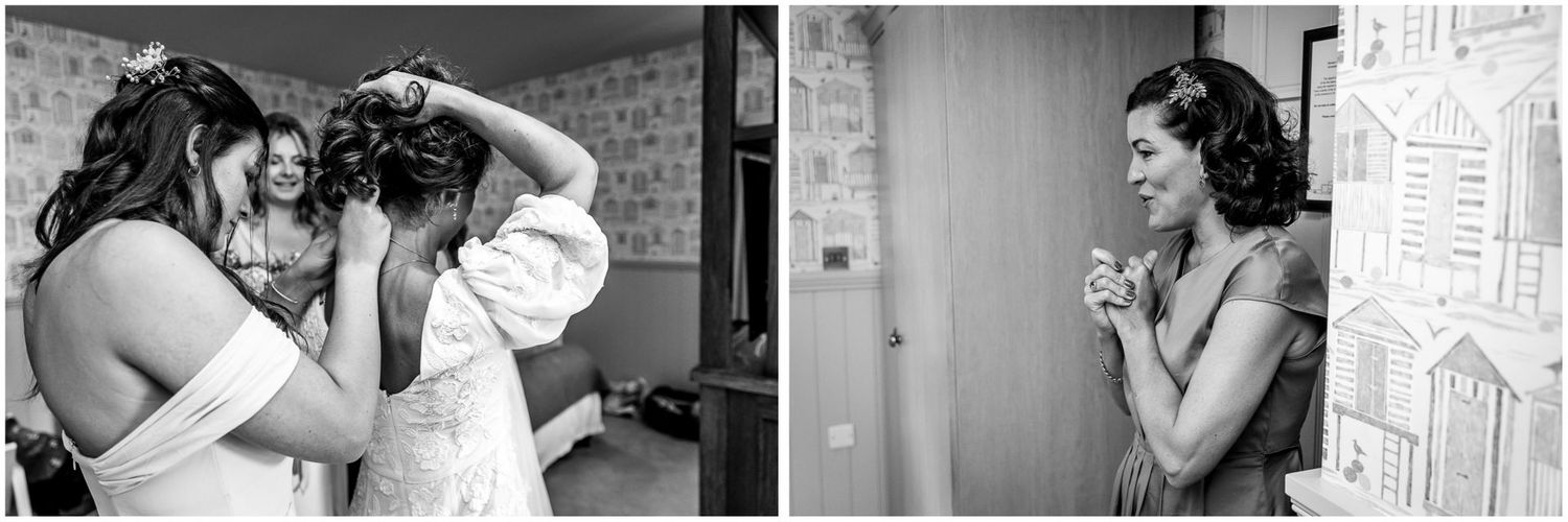 Black and white photos showing wedding day preparation moments.