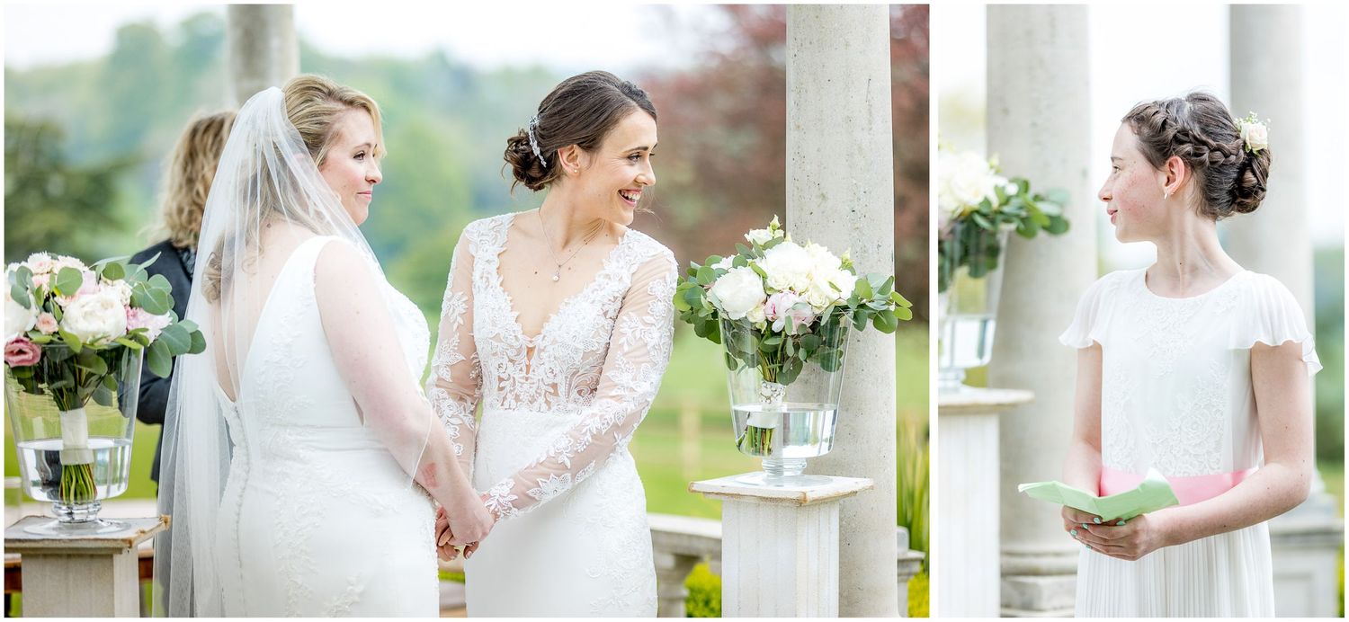 Romantic wedding details and portraits featuring white columns and floral arrangements.