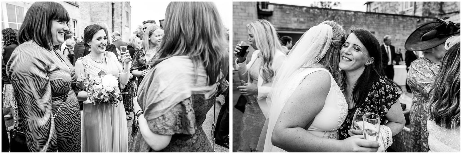 Candid black and white shots of wedding guests sharing joyful moments during the reception.